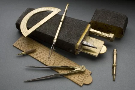 To create his drawings of the Mount Vernon estate, Samuel Vaughan used a set of drafting tools similar to these. The ruler, compass, and straight edge enabled him to translate the measurements in his travel notebook into a properly scaled drawing.  (W-2806/A-D)