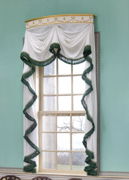 Cornice and curtains on the New Room's east window.