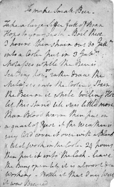 George Washington's Recipe for Small Beer, ca. 1757. (Courtesy New York Public Library)