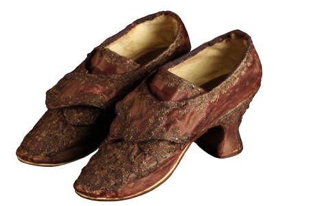 Martha Custis Washington's wedding shoes, worn on her marriage to George Washington on January 6, 1759. Silk, linen, leather, metallic lace and sequins, and wood. The Mount Vernon Ladies' Association.