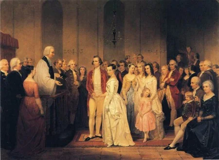 Artist Junius Brutus Stearns depicts The Marriage of George Washington to Martha Custis.