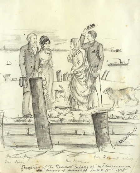 Artist's rendition of President Rutherford B. Hayes making an unexpected visit to Mount Vernon with his wife on June 22, 1878.