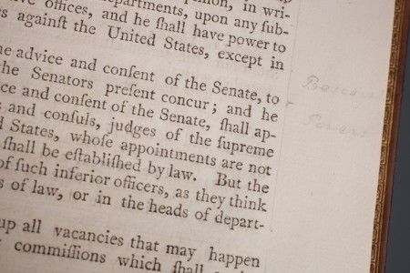 Washington's notations highlighting powers of the presidency in George Washington's copy of The Acts of Congress, Purchase made possible through lead donations by an anonymous benefactor, Mr. and Mrs. William H. Borthwick, the A. Alfred Taubman Fund, Mr. Terry J. Kohler, and the Mount Vernon Ladies’ Association, 2012