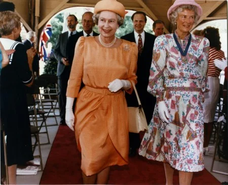 Her Majesty Queen Elizabeth is greeted by guests during a reception celebrating the dedication of Mount Vernon's wharf in 1991. (Mount Vernon Ladies' Association)