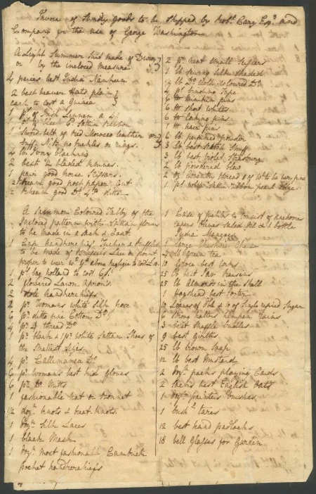 George Washington, Invoice of Sundry Goods to be Ship'd by Robt. Cary, Esq., and Company for the use of George Washington, May 1759. The Mount Vernon Ladies' Association.