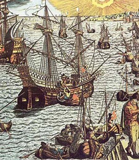 Engraving depicting Portuguese ships departing from Lisbon to America by Theodore de Bry (Wikimedia)