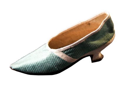 Reproduction women's shoe made by apprentice milliner and mantua-maker Sarah Woodyard of the Margaret Hunter Shop at Colonial Williamsburg.