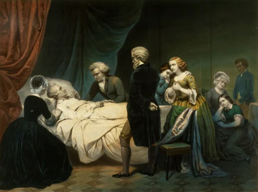 An artist&#039;s depiction of George Washington&#039;s final moments. - Life of George Washington: The Christian, lithograph by Claude Regnier, after Junius Brutus Stearns,1853. Gift of Mr. and Mrs. Robert B. Gibby, 1984 [WB-55/A1], Mount Vernon Ladies&#039; Association, Mount Vernon, VA.